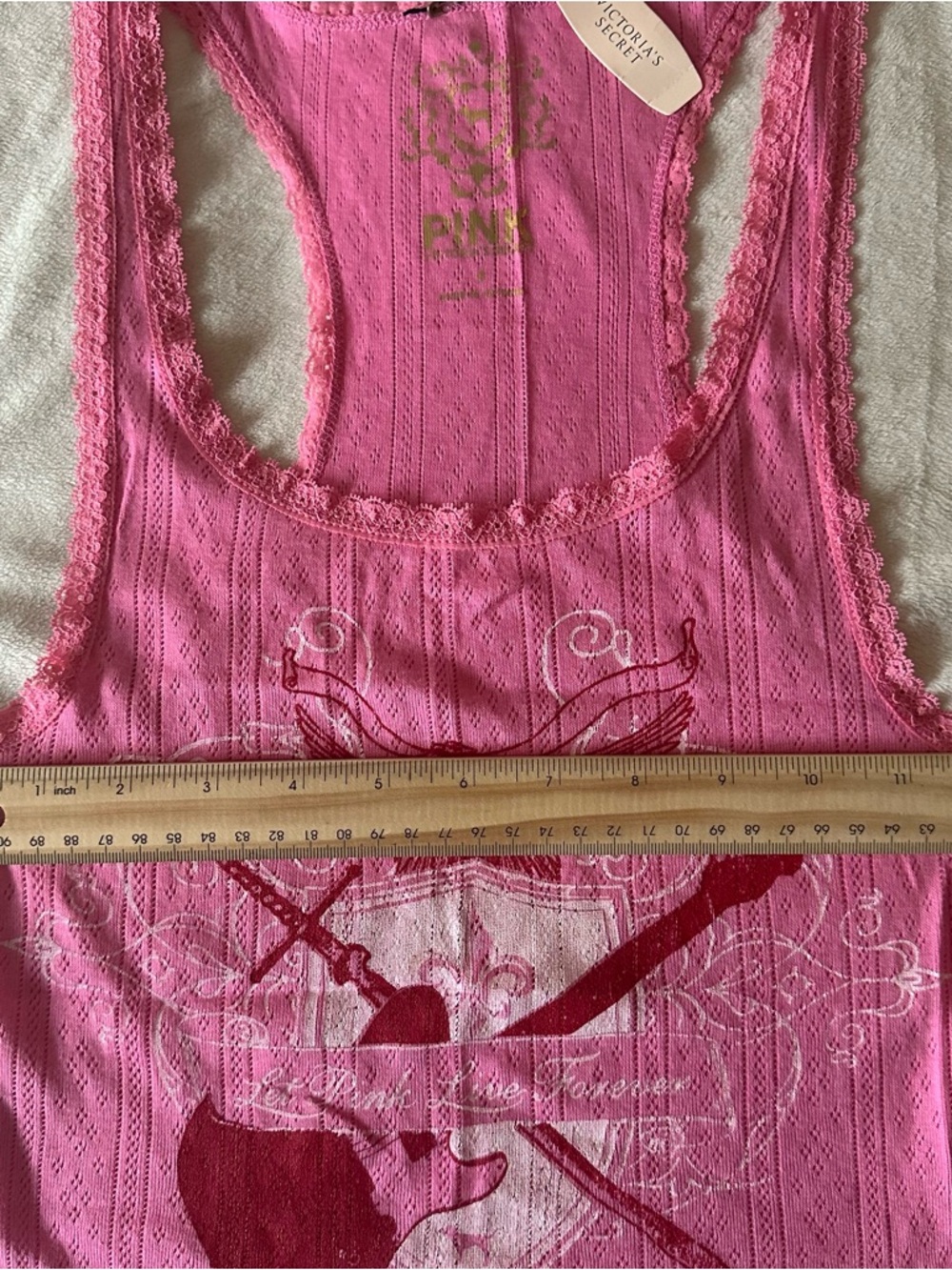 PINK Victoria's Secret Hot Pink Ribbed Lace-Trim Tank Y2K - Picture 7 of 7